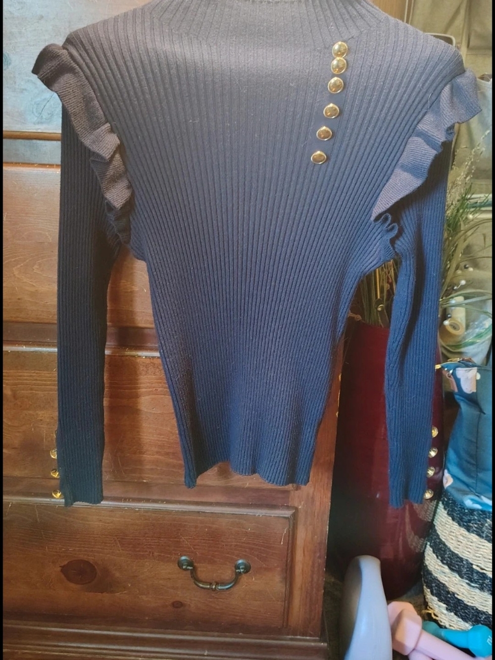 Navy Ribbed Sweater with Gold Button Detail